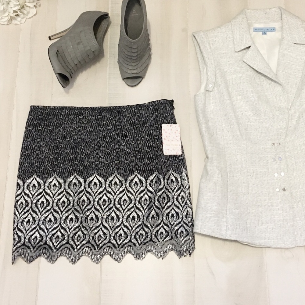 Free people lace black silver scallop skirt